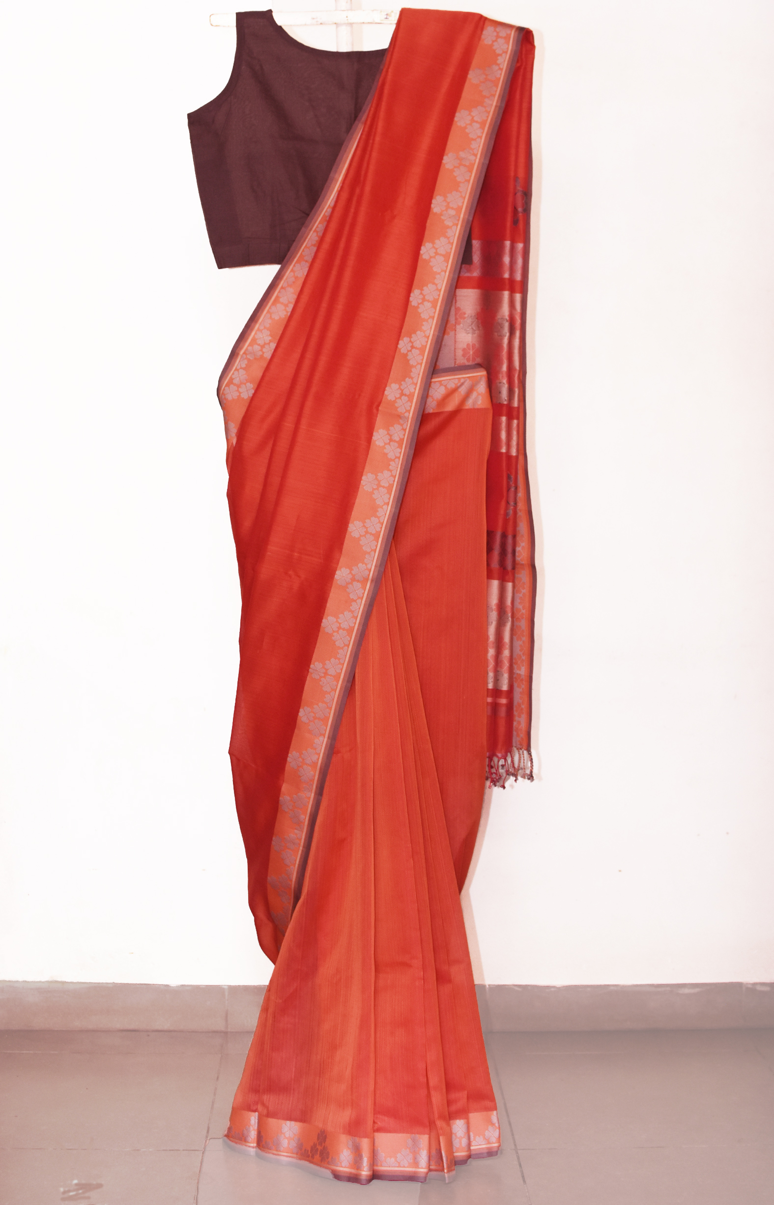 Rust, Handwoven Organic Cotton, Textured Weave , Jacquard, Work Wear, Saree